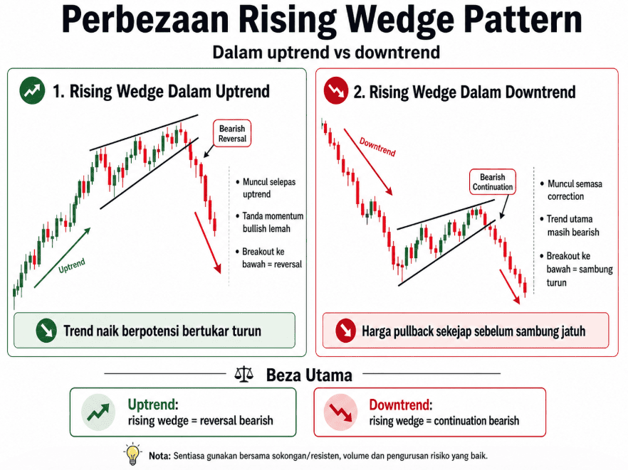 Perbezaan Rising Wedge Pattern dalam uptrend dan downtrend