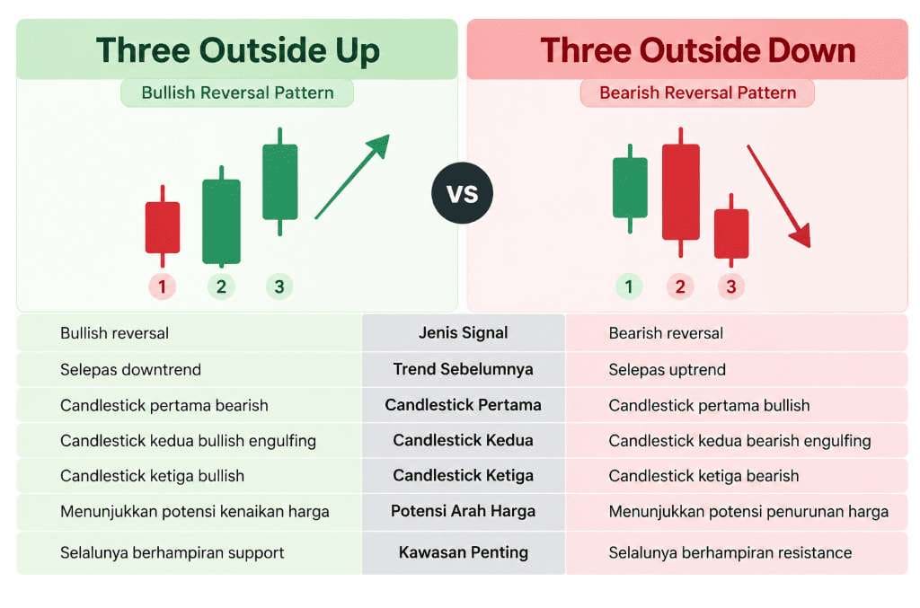 Three Outside Up Vs Down Candlestick Pattern